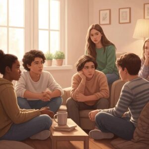 Group of diverse teenagers in a supportive environment discussing identity issues