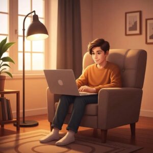 Teenager participating in a virtual therapy session in a cozy home environment