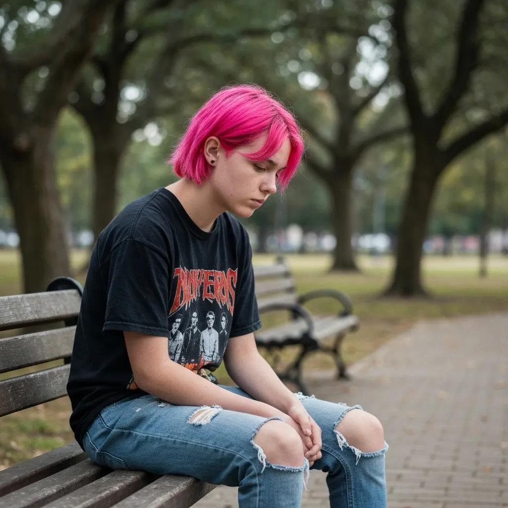 Teenager sitting alone in a park, displaying signs of emotional withdrawal and stress