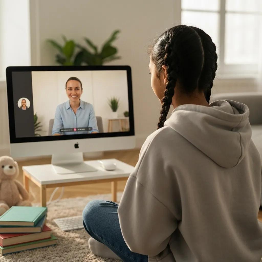 Teenager engaged in a virtual therapy session from a comfortable home setting