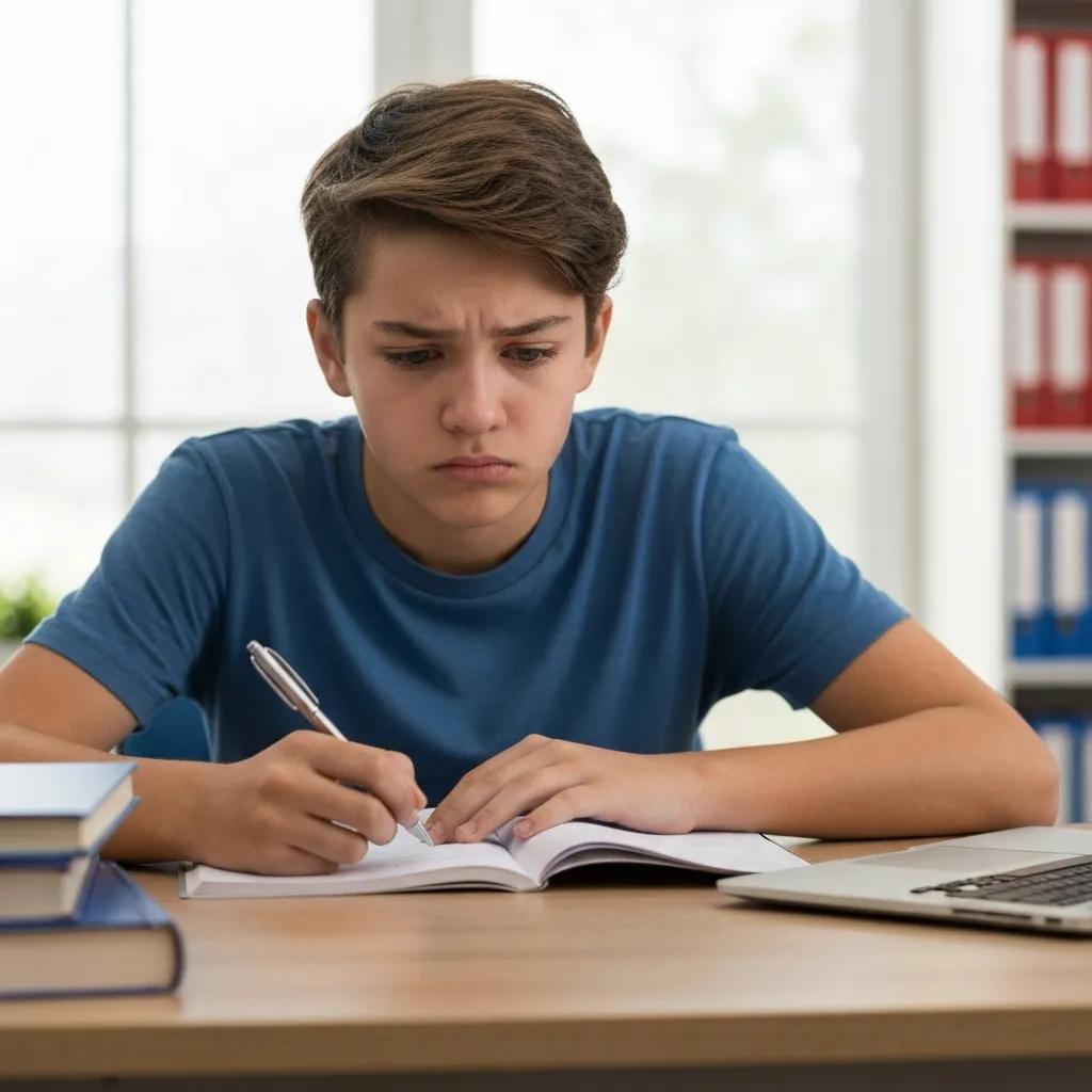 Teenager showing emotional distress while studying, representing symptoms of separation anxiety