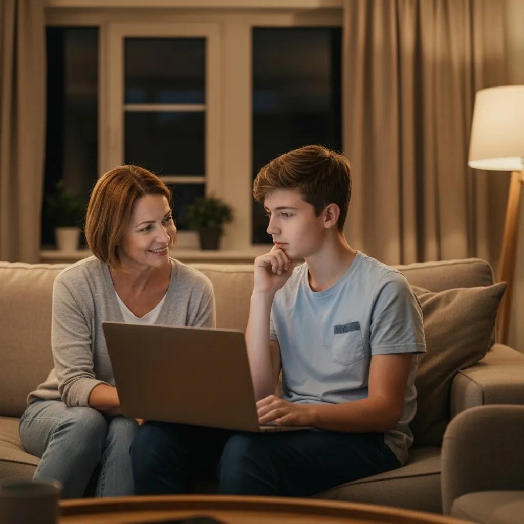 Parent and teenager discussing online therapy, illustrating the importance of parental support in adolescent mental health