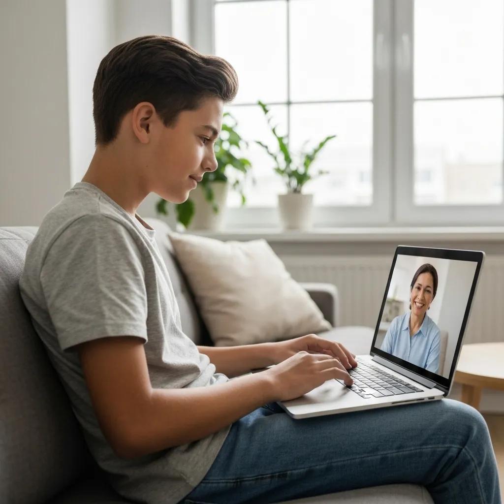 Teenager engaged in an online therapy session at home, highlighting the benefits of virtual mental health programs