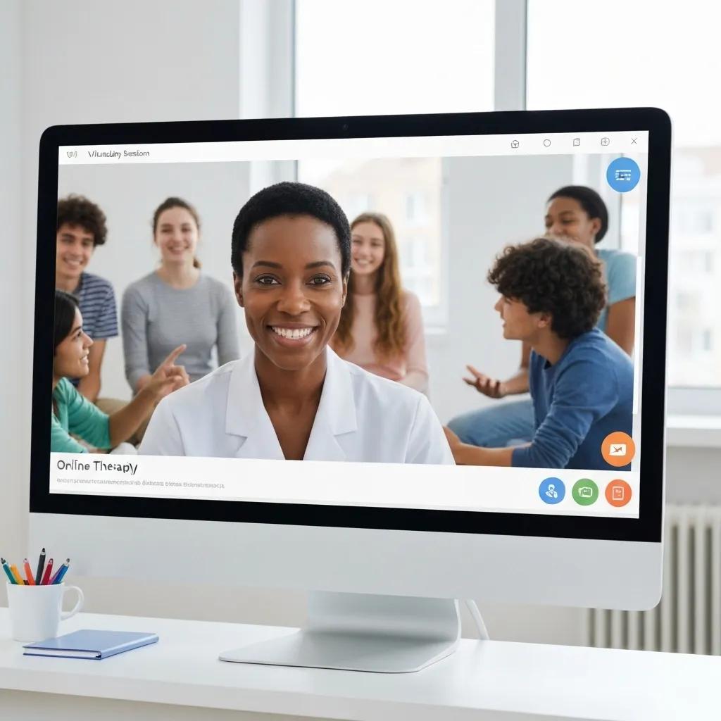 Virtual therapy session interface showcasing a therapist and teens in a group setting