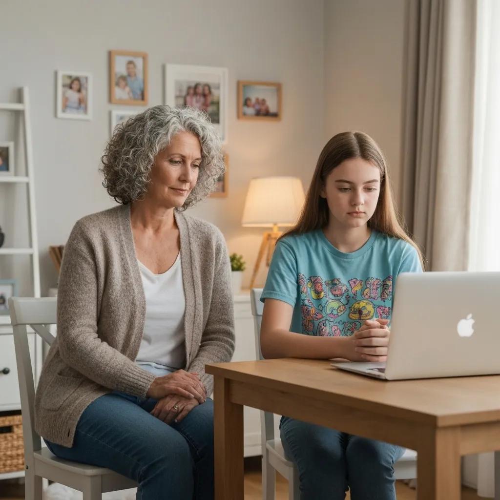 Parent supporting teenager during an online therapy session in a warm home environment