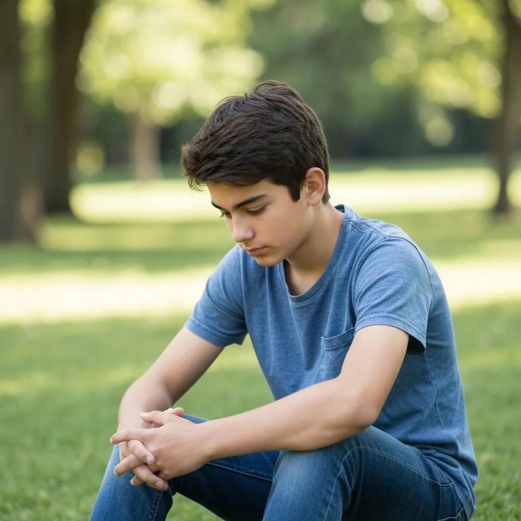 Teenager reflecting on emotions in a peaceful park setting