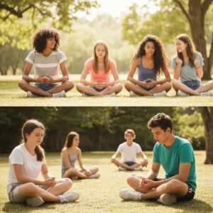Teenagers practicing mindfulness and deep breathing exercises in a peaceful outdoor environment