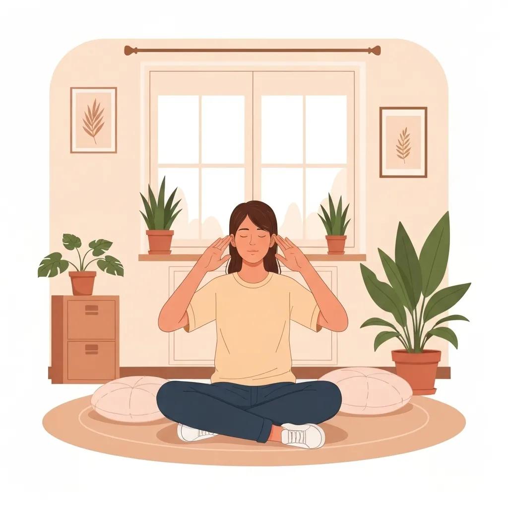 Teen practicing deep breathing exercises in a calming home environment
