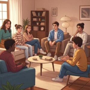 Group of teenagers discussing anger management in a supportive environment