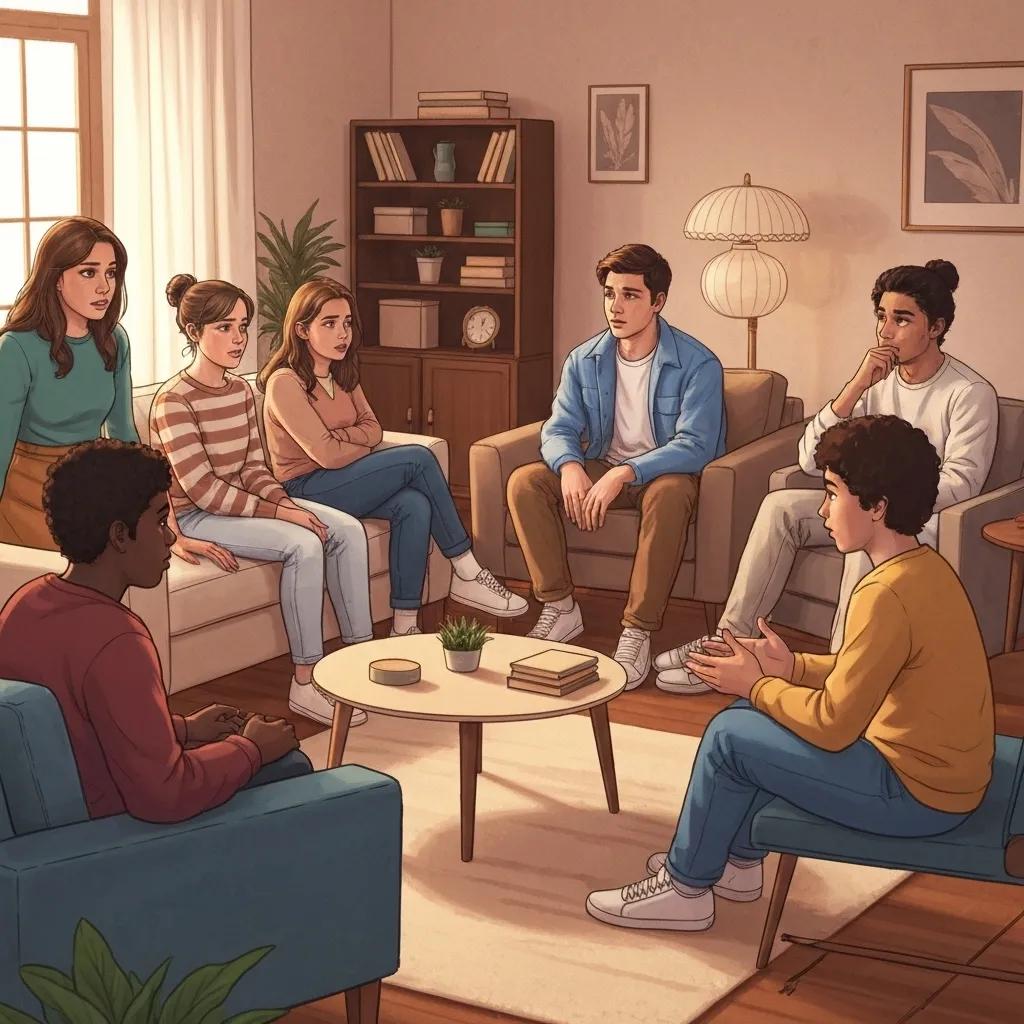 Group of teenagers discussing anger management in a supportive environment