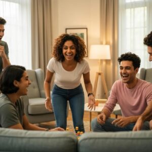 Group of diverse teenagers in a cozy living room, engaging in supportive conversation about emotions