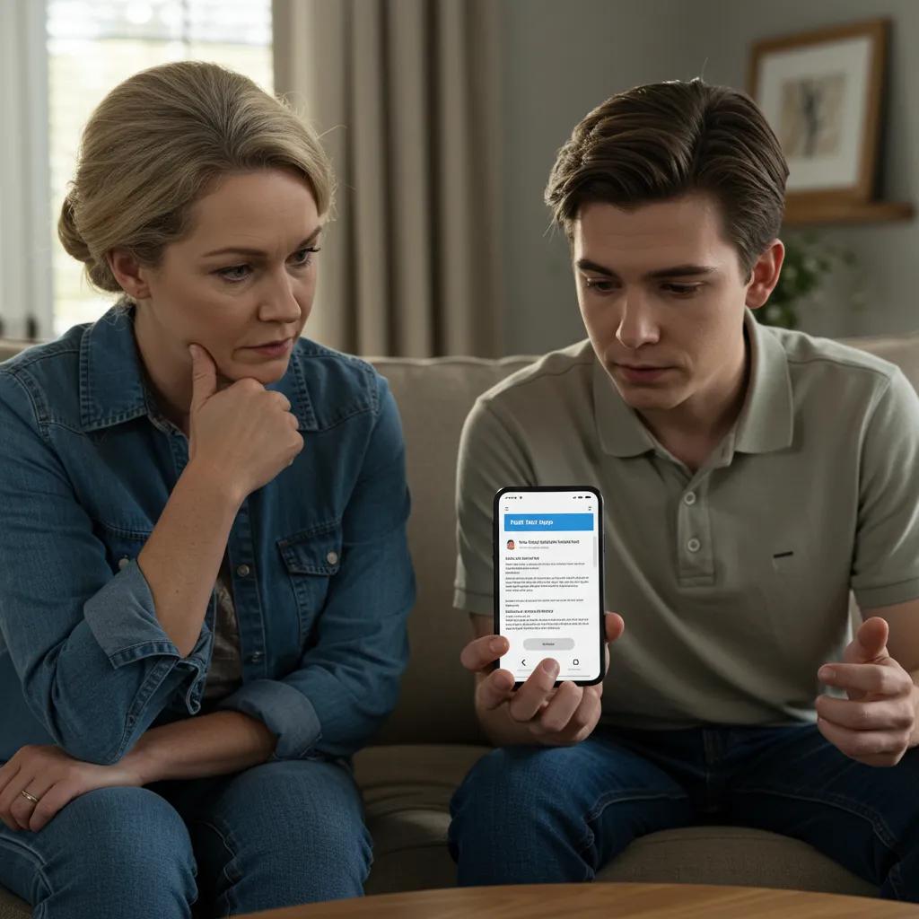 Parent and teenager discussing privacy risks of mental health apps, emphasizing safety concerns