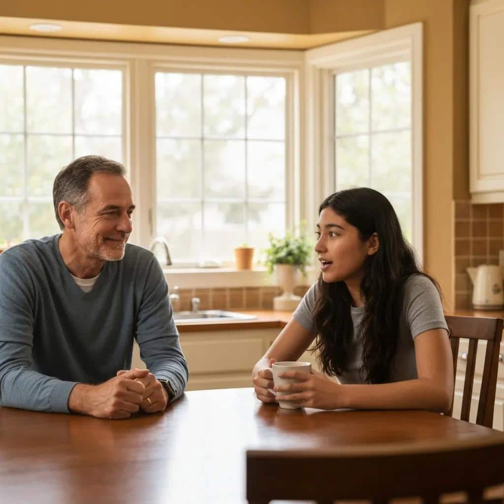 Parent and teenager engaged in a calm discussion at a kitchen table, illustrating emotional support strategies
