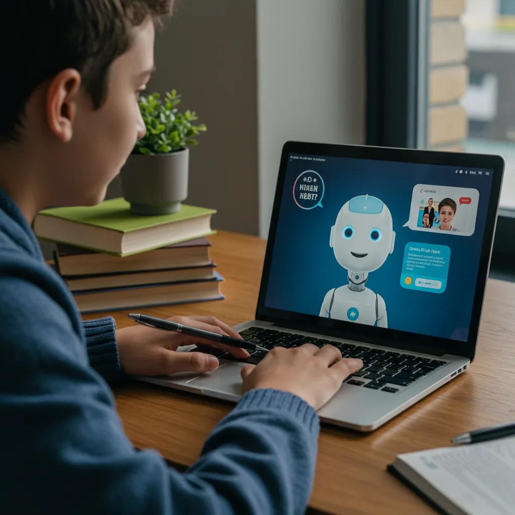 Teenager interacting with AI chatbot on laptop in a cozy study area, showcasing digital mental health support