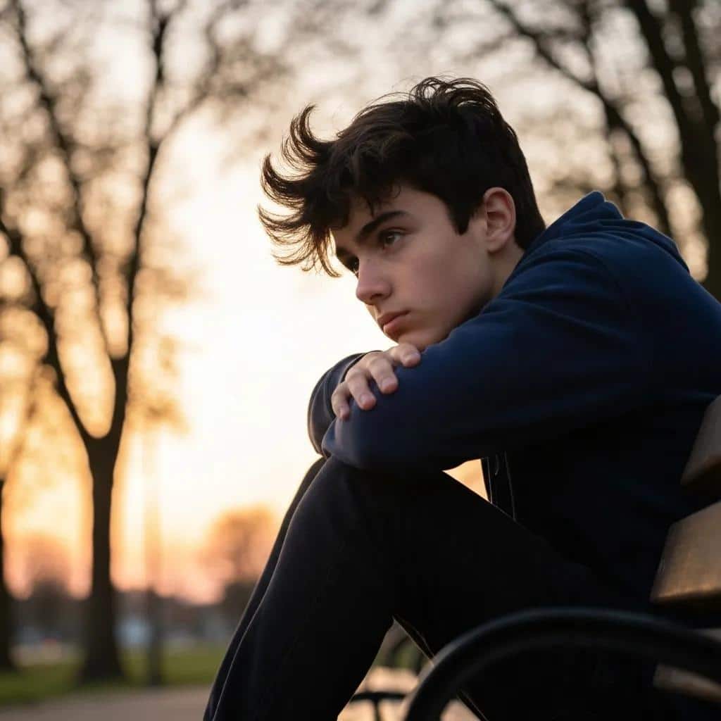 Teenager sitting alone in a park, looking contemplative and distressed, symbolizing emotional challenges