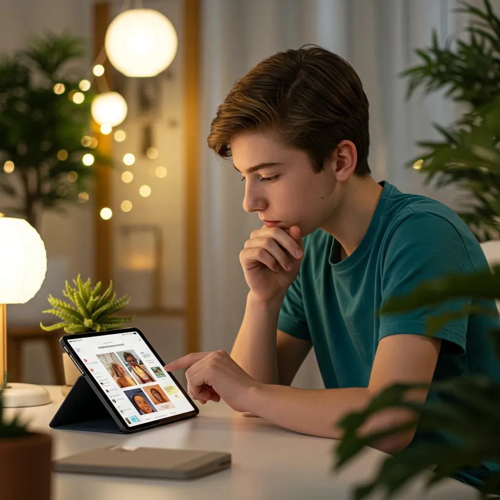 Teenager using a mental health app on a tablet in a calming environment, illustrating app effectiveness