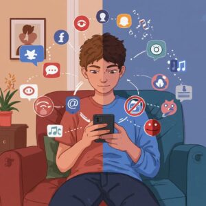 Teenager using a smartphone, illustrating the dual impact of social media on mental health. Explore Teen Therapy Trends shaping adolescent care, with insights into innovative therapies, coping strategies, and professional support options.