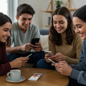 Teenagers using mental health apps together, promoting emotional well-being and connection