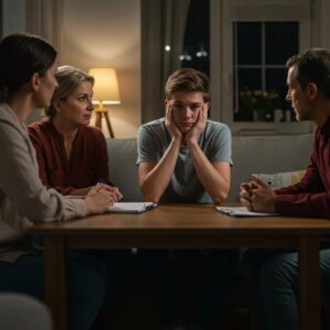 Family discussing teen anxiety in a cozy home setting, emphasizing emotional support and connection
