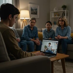 Family supporting a teenager during a virtual therapy session, emphasizing teen depression support