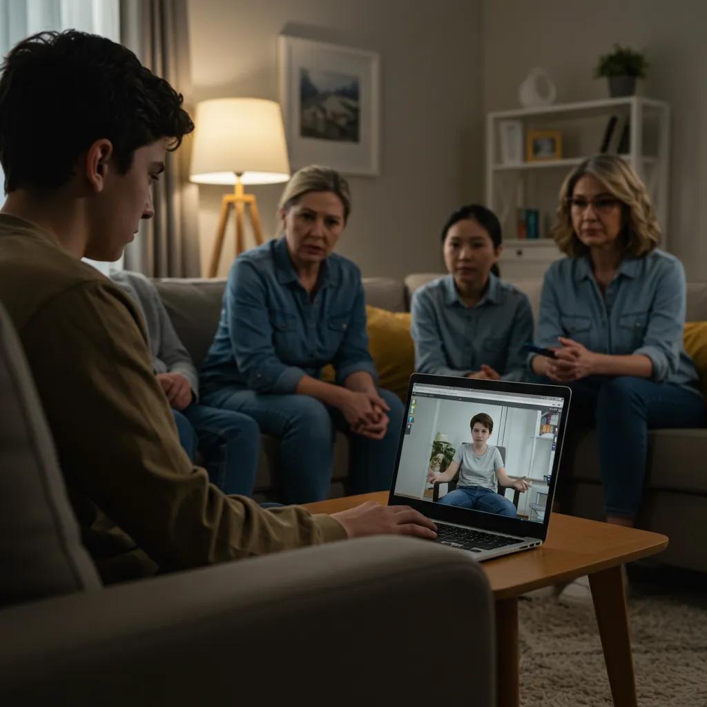 Family supporting a teenager during a virtual therapy session, emphasizing teen depression support