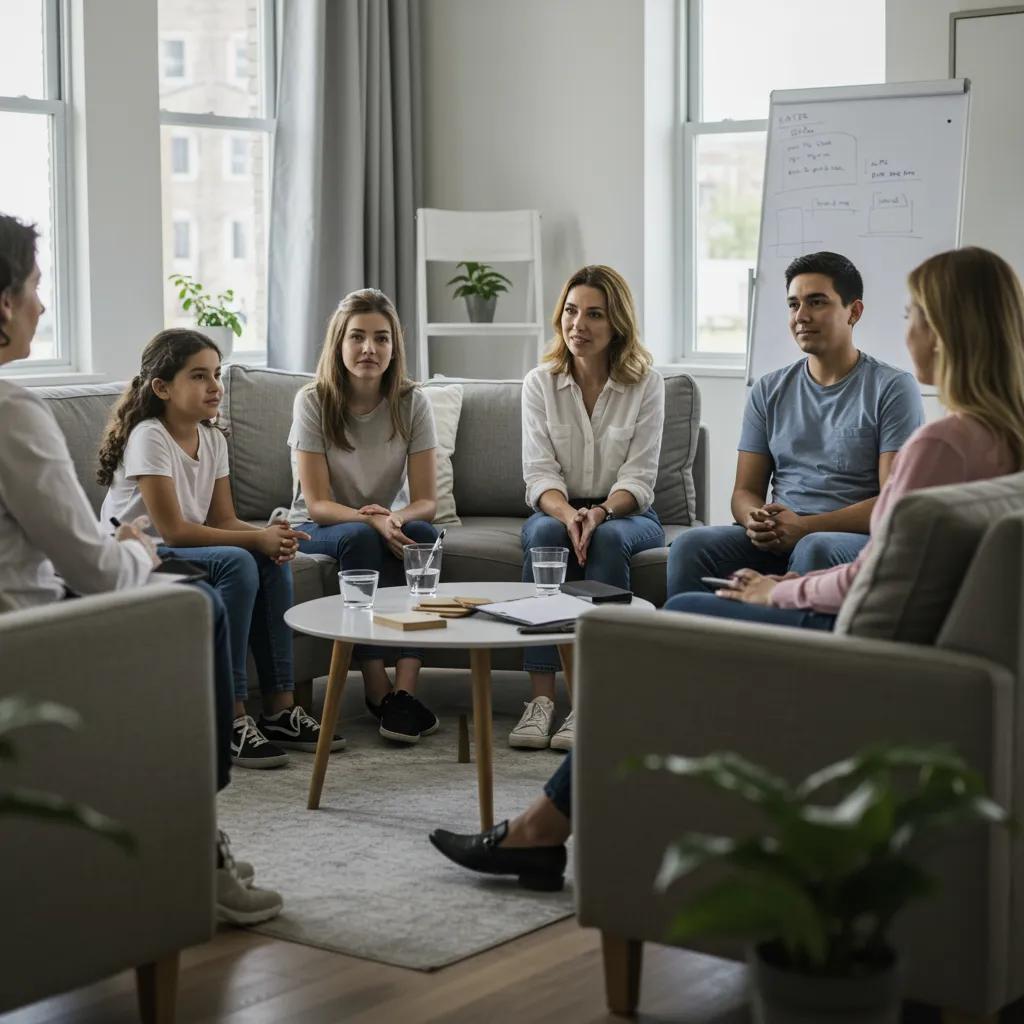 Family therapy session in a warm setting, illustrating the collaborative approach to treating teenage pathological lying