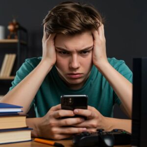 Frustrated teenager with phone, illustrating emotional volatility linked to entitlement