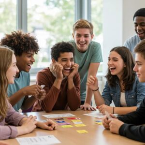 Group of diverse teenagers engaged in a social skills activity, showcasing communication and interaction