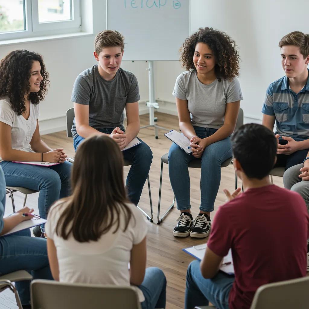 Group of teenagers engaged in a therapy session discussing benefits of mental health support