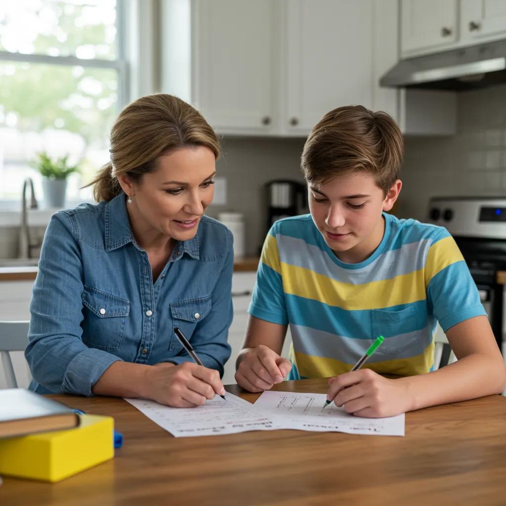 Parent and teenager collaborating on a chore list to promote responsibility