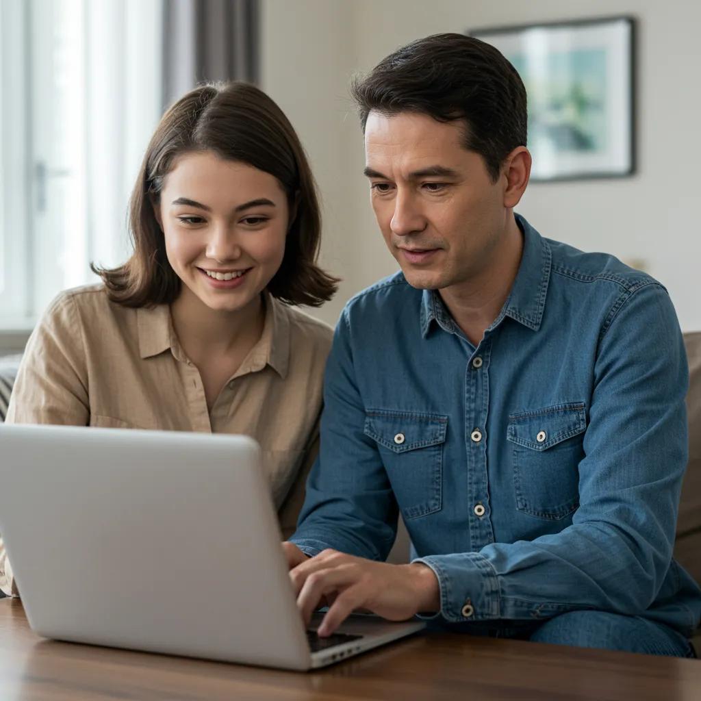 Parent and teenager discussing online therapy together in a supportive environment