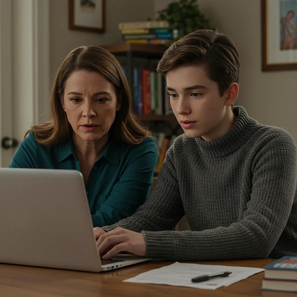 Parent and teenager discussing options for finding a therapist at home