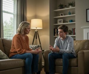 Parent and teenager having a supportive conversation in a cozy living room, emphasizing communication about honesty. Teenage Pathological Liar.