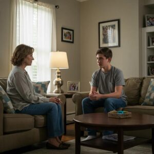 Parent and teenager having a supportive conversation in a cozy living room, emphasizing the importance of mental health support
