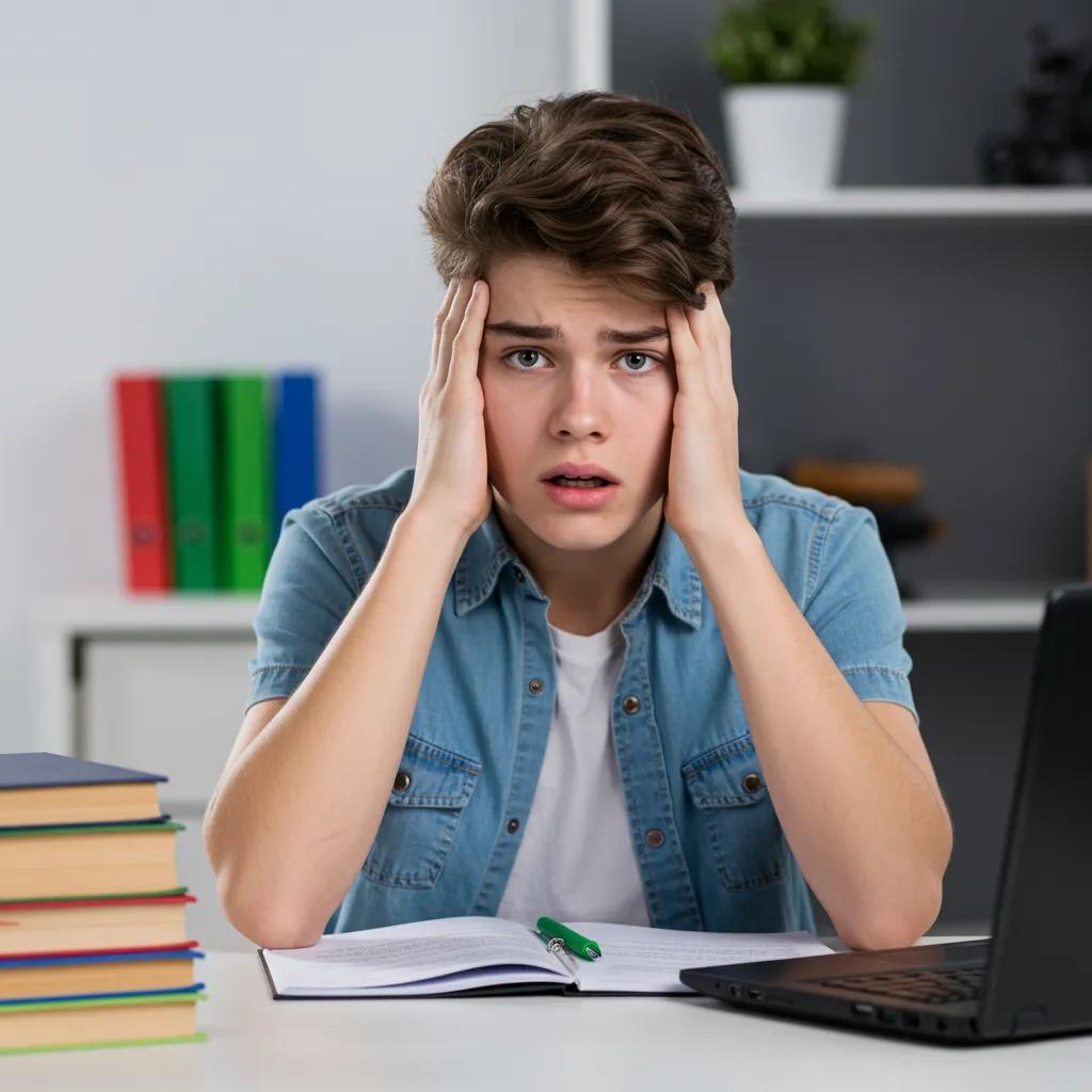 Teenager appearing anxious and defensive at a desk, representing the emotional struggle of compulsive lying