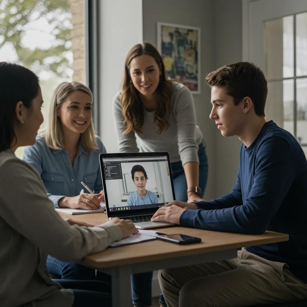 Teenager engaged in a virtual intensive outpatient program session with family support