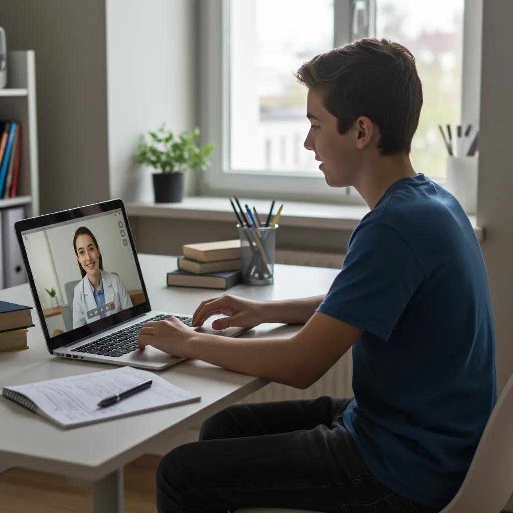 Teenager engaged in a virtual therapy session at home, showcasing the convenience of online mental health support