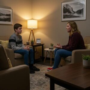 Teenager in a cozy therapy room discussing mental health with a therapist