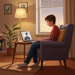 Teenager participating in an online therapy session in a cozy home environment