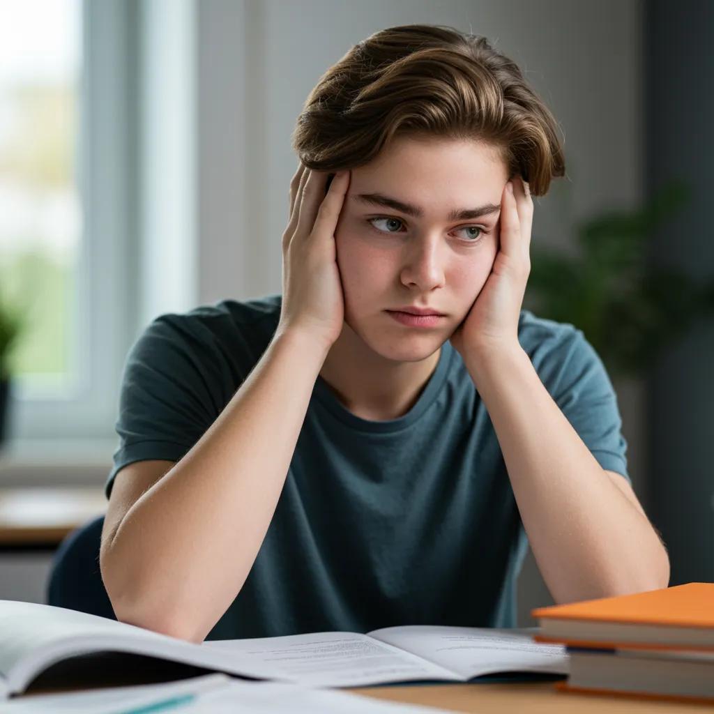 Teenager showing signs of anxiety while studying, reflecting common symptoms of anxiety in adolescents