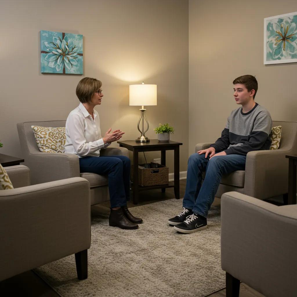 Therapist supporting a teenager in a therapy session for compulsive lying