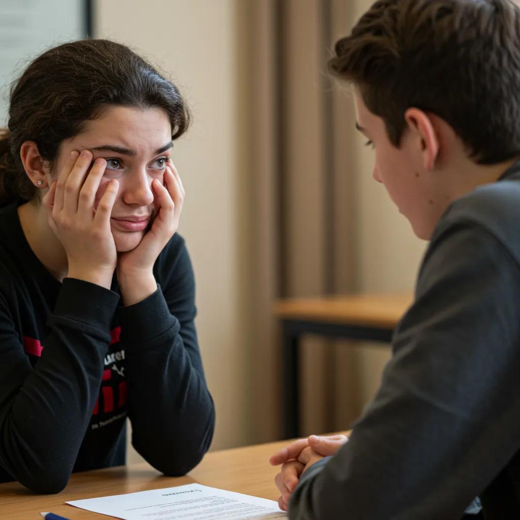 Two teenagers practicing empathy skills, one expressing emotions and the other listening attentively