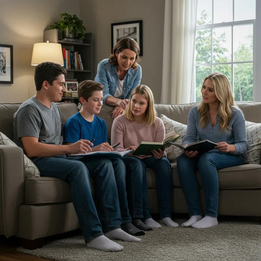 Family helping teenager establish a bedtime routine, emphasizing supportive strategies for improving sleep in ADHD