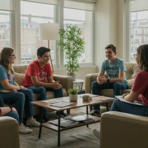 Group of diverse teenagers discussing mental health in a supportive environment