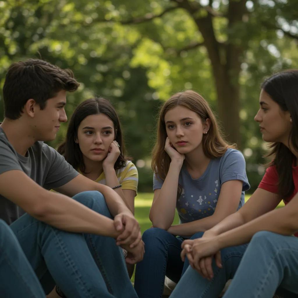 Group of diverse teenagers in a park discussing friendship challenges, emphasizing emotional support and connection