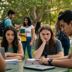 Group of diverse teenagers in a park, reflecting on stress and academic pressures in Orange County