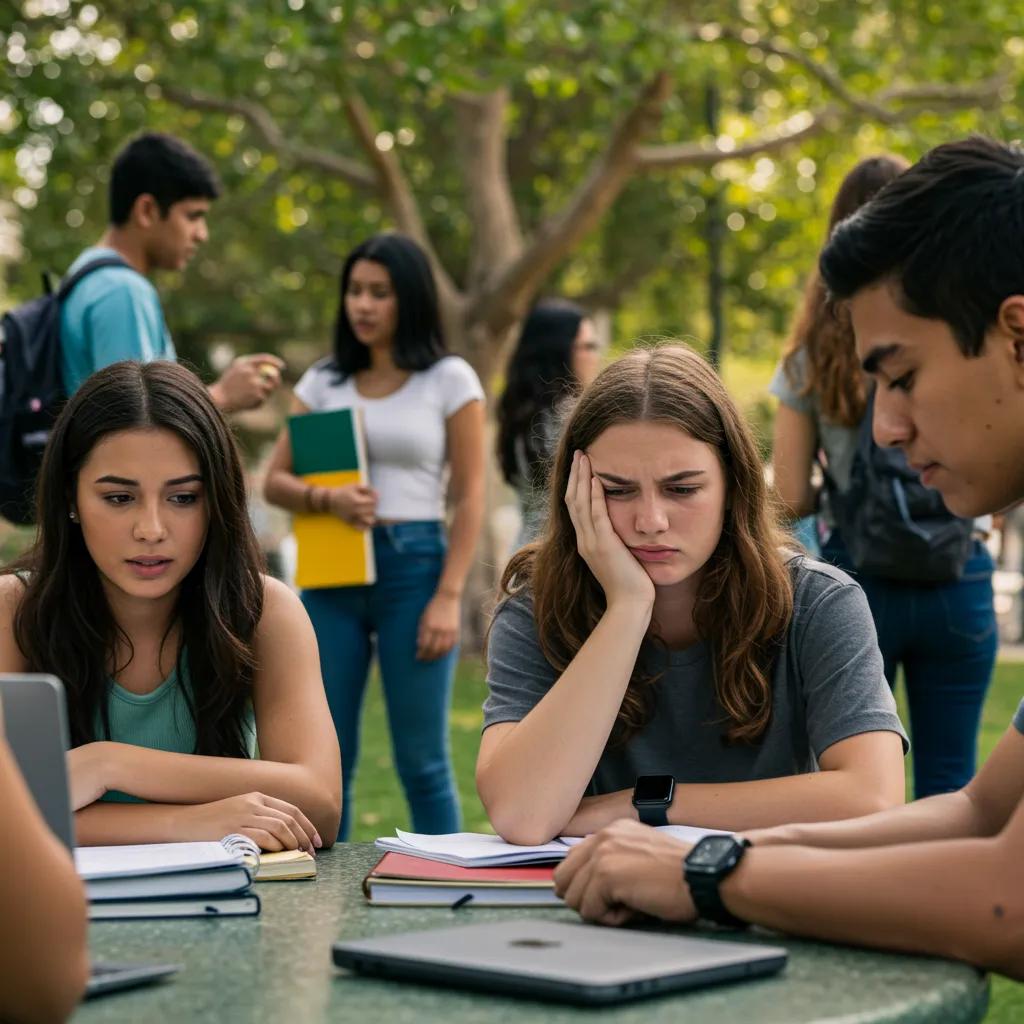 Group of diverse teenagers in a park, reflecting on stress and academic pressures in Orange County