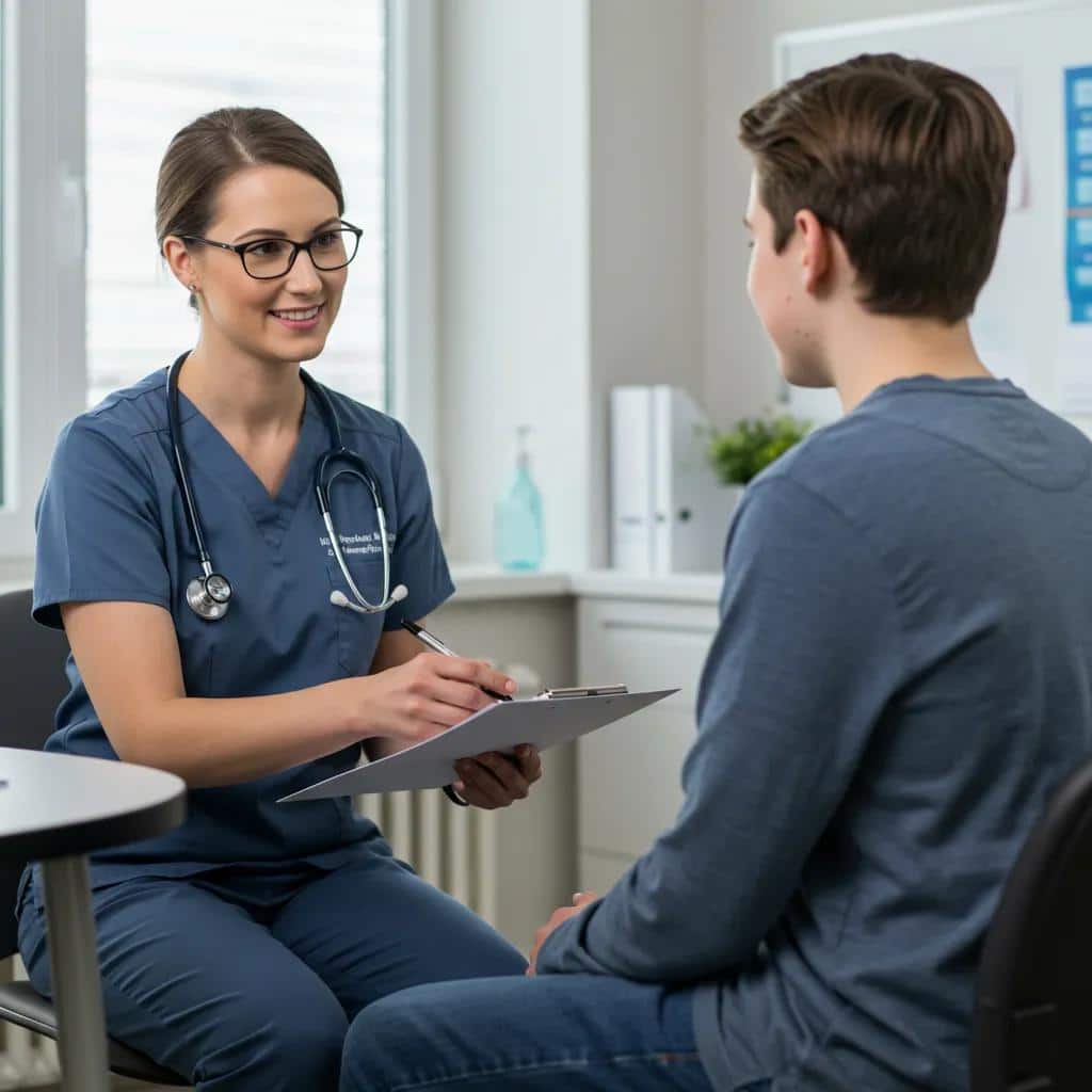 Mental health professional providing support to a teenager in a clinical setting