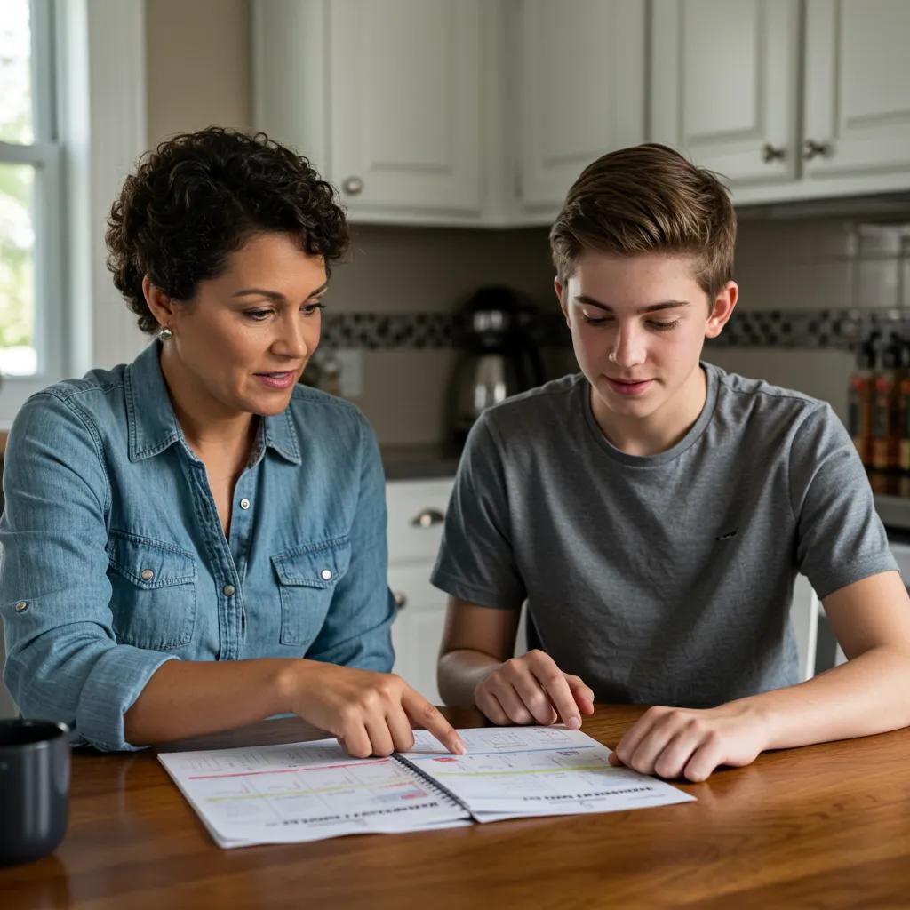 Parent and teenager collaborating on a shared calendar, highlighting parental support in balancing school and virtual therapy