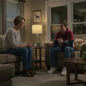 Parent and teenager having a calm conversation in a cozy living room, emphasizing conflict resolution and communication